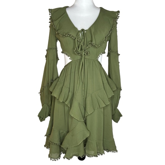 ASOS Design Army Green Cutout Long sleeve Dress with Tassels Size 6 - Picture 4 of 10